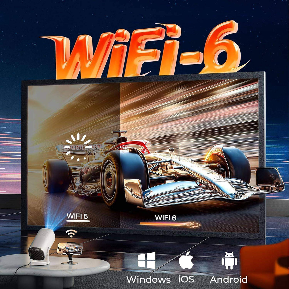 NÖRDIC 1080P Projektor Certificeret til Netflix, Prime Video, Disney+ og YouTube, 300 ANSI lumen, 2.4/5G WiFi 6-understøttelse til iOS/Android
