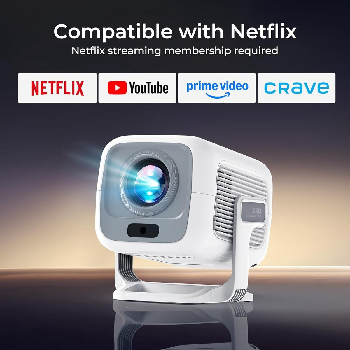 NÖRDIC 1080P Projektor Netflix-certificeret 200 ANSI lumen 2.4/5G WiFi 6 understøttelse til iOS/Android