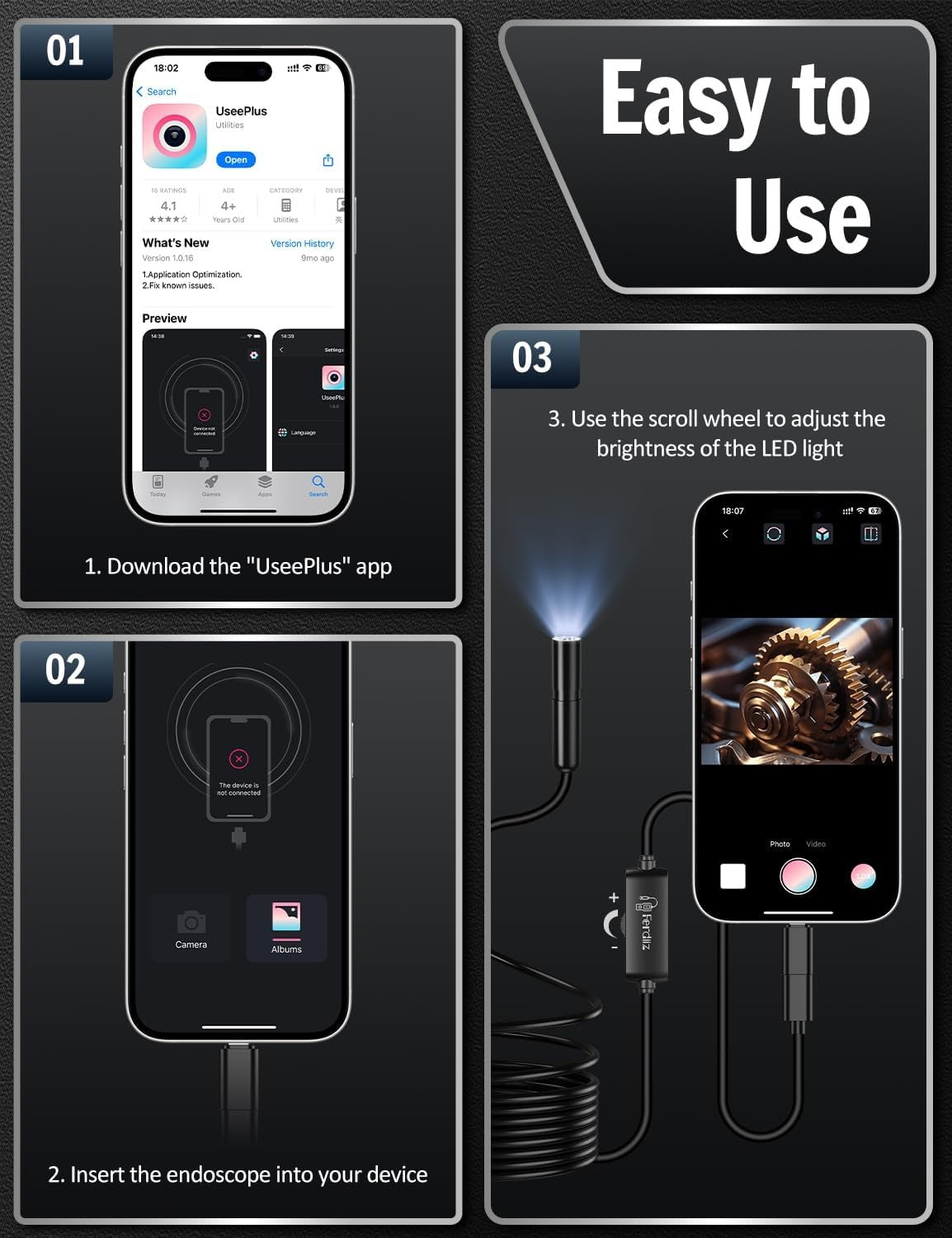 NÖRDIC 10m 1920x1440p HD-Endoskopkamera med lys, IP67-vandtæt inspektionskamera til iOS & Android, Plug & Play