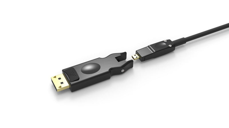 NÖRDIC 10m HDMI 2.0 AOC aktivt fiberkabel, 5 i 1 med aftagelige adaptere HDMI, DVI, USB-C, DP og HDMI-D