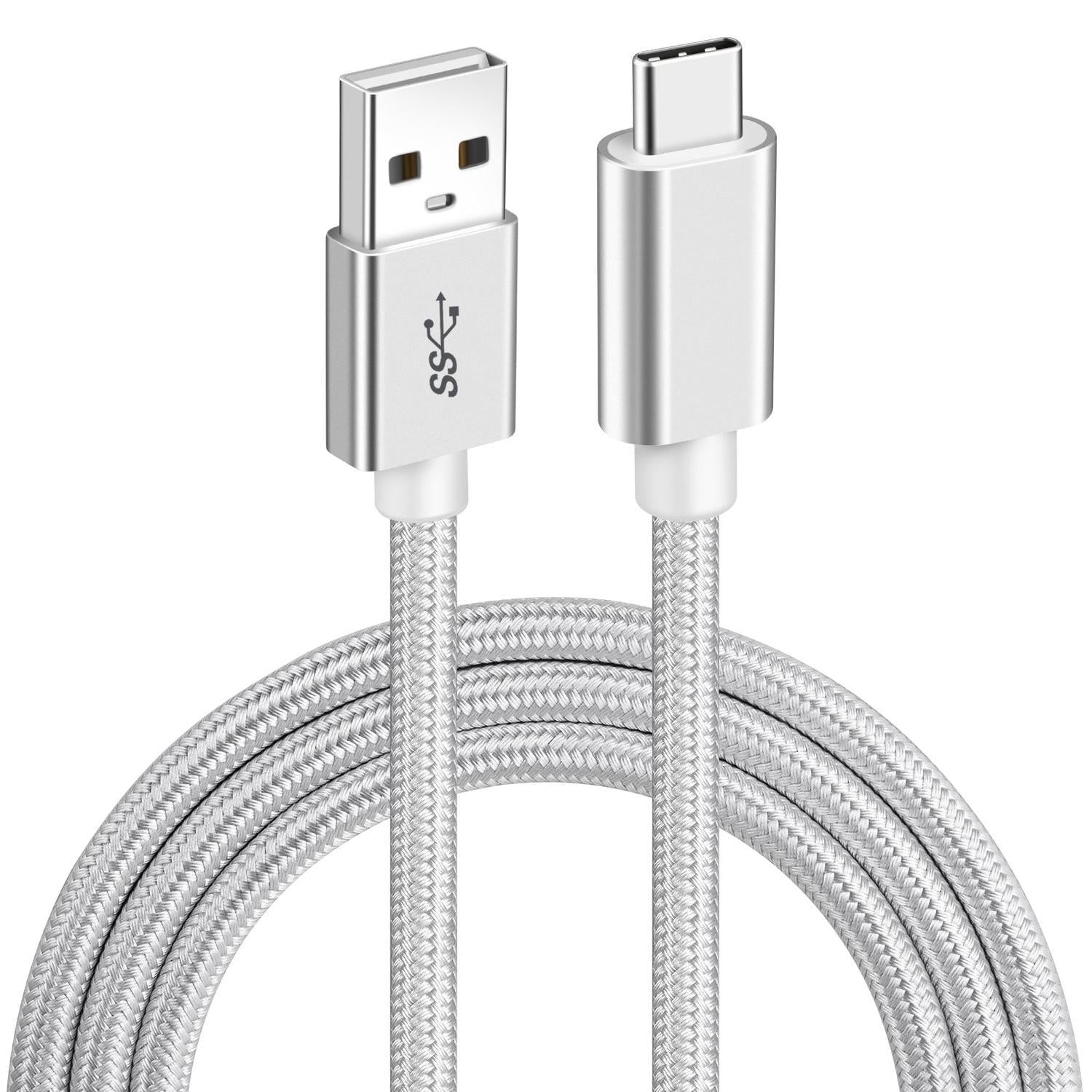 NÖRDIC 1m USB C til USB A Kabel USB3.1 Gen1 Hurtig opladning 3A 60W 5Gbps Nylon Flettet Hvid