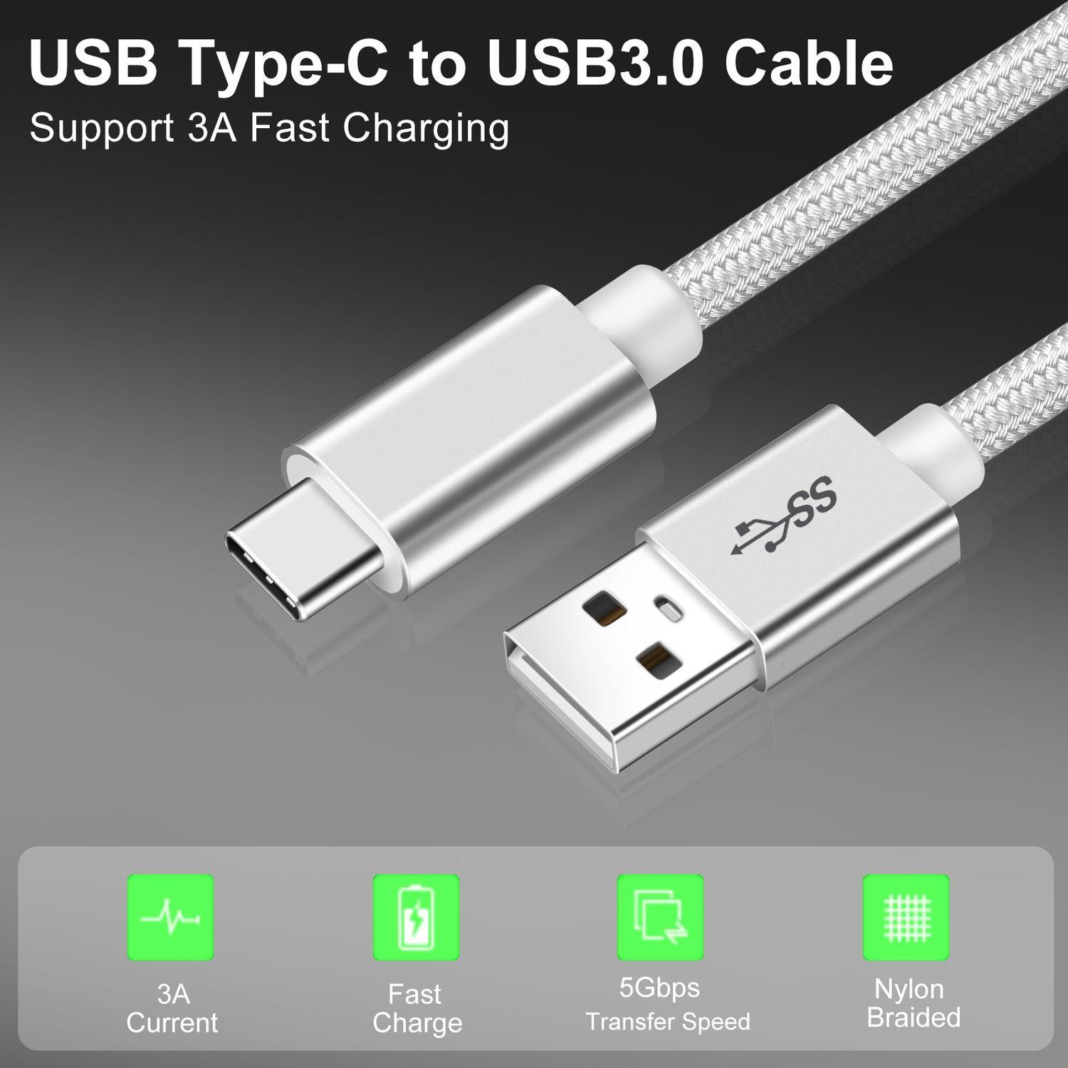 NÖRDIC 1m USB C til USB A Kabel USB3.1 Gen1 Hurtig opladning 3A 60W 5Gbps Nylon Flettet Hvid