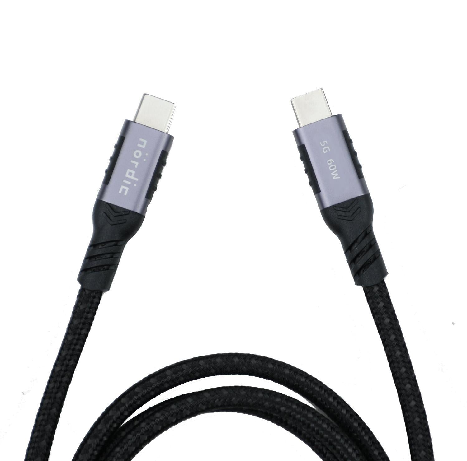 NÖRDIC 1,5m USB3.2 Gen1 USB-C til C nylonflettet kabel hurtigopladning 3A 5Gbps Strømforsyning PD 60W