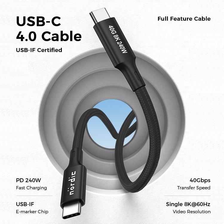 NÖRDIC 1,5 m USB4 USB-C til C nylonflettet kabel PD3.1 240W 40G 8K60Hz 4K144Hz Sort