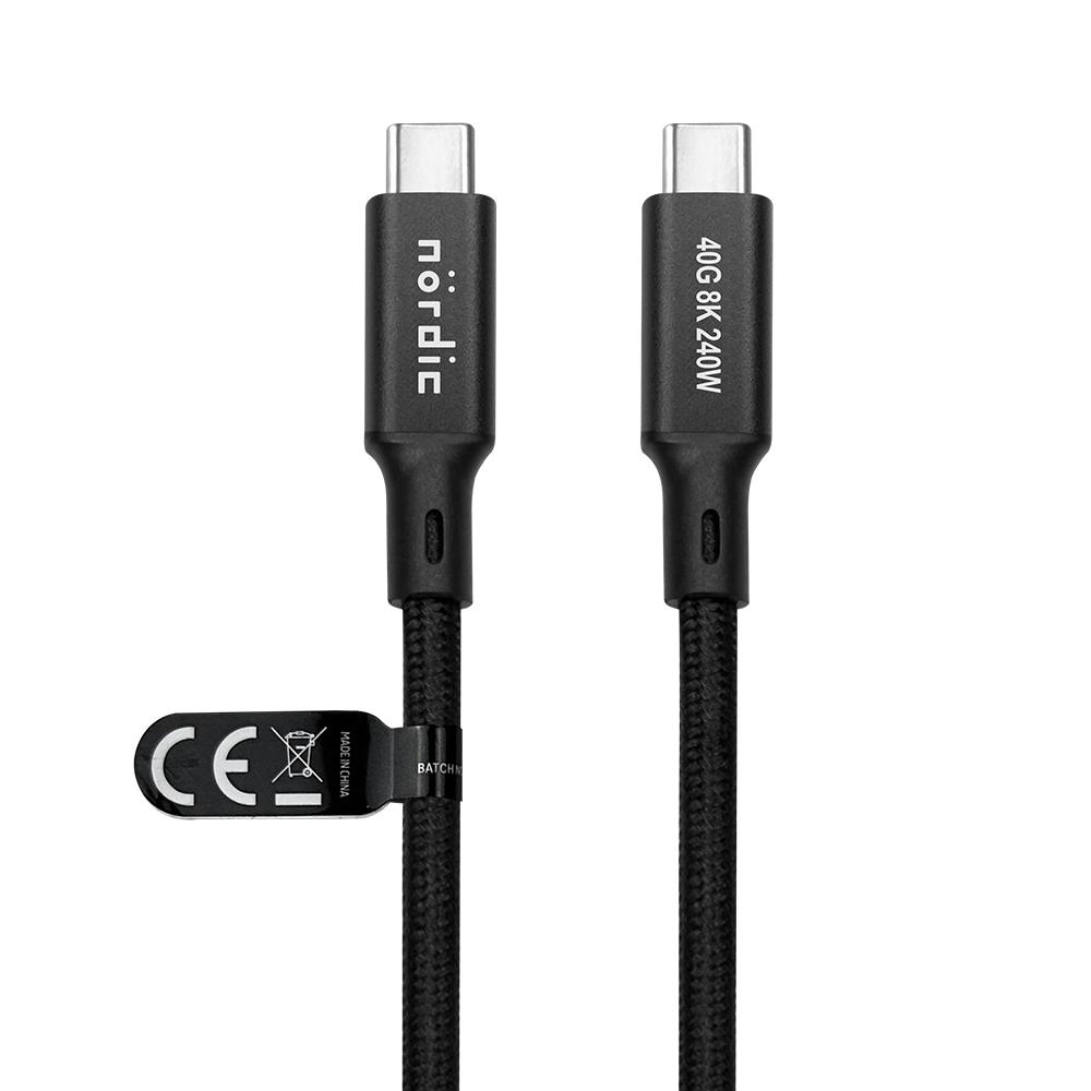 NÖRDIC 1,5 m USB4 USB-C til C nylonflettet kabel PD3.1 240W 40G 8K60Hz 4K144Hz Sort