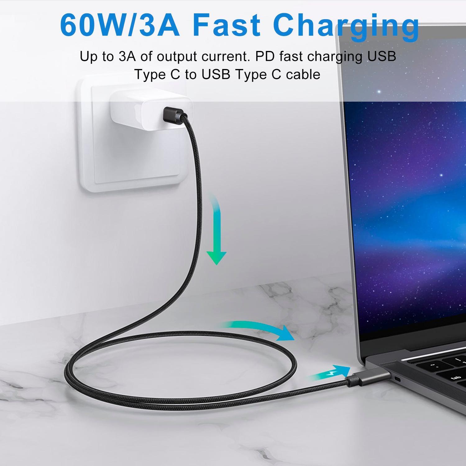 NÖRDIC 1,5m USB C 3.1 til USB C Nylon Flettet Kabel Hurtig opladning 3A Gen1 5Gbps Power Delivery PD 60W