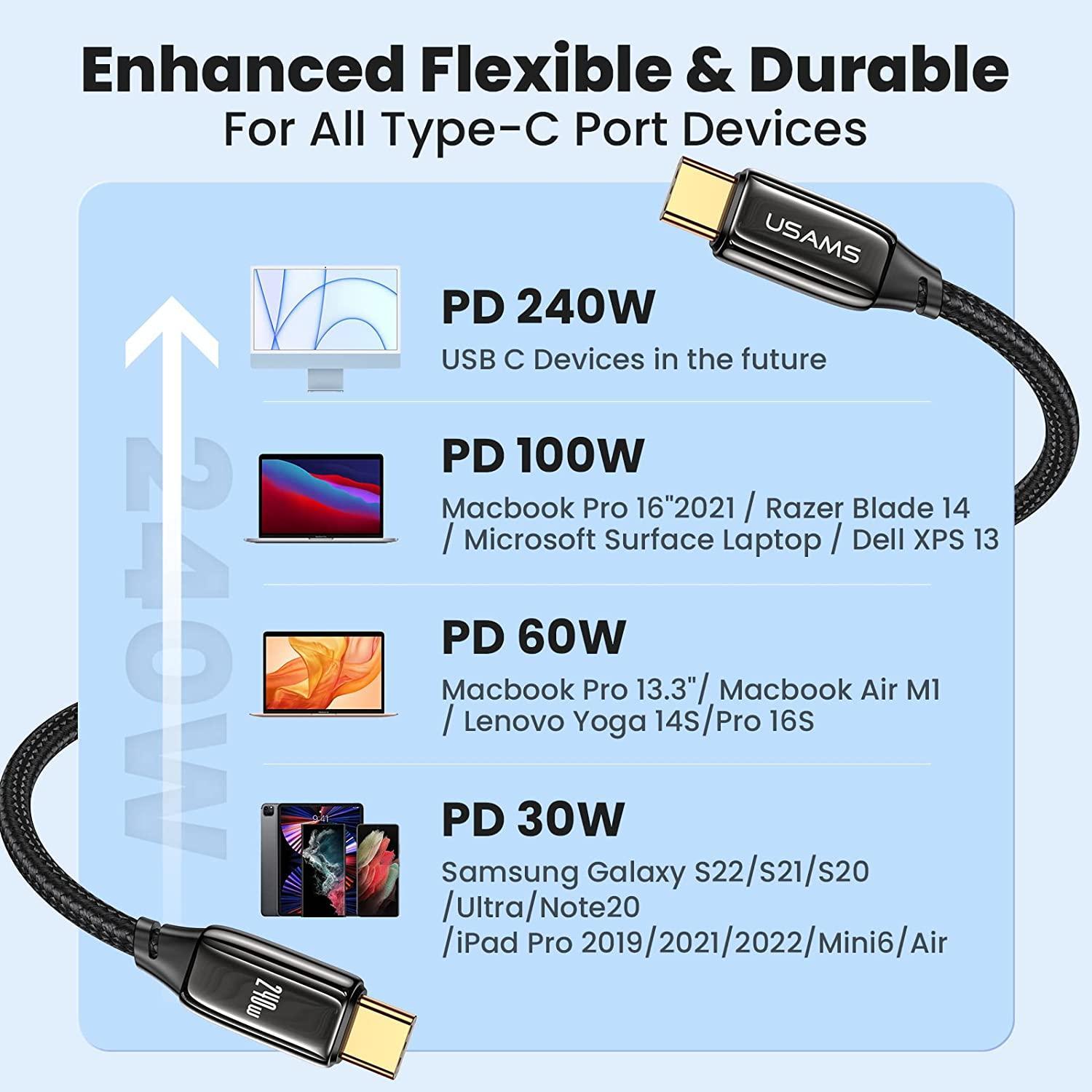 NÖRDIC 1,5 m USB-C til C nylonflettet kabel hurtigopladning med PD3.1 240W 48V 5A med Emarker