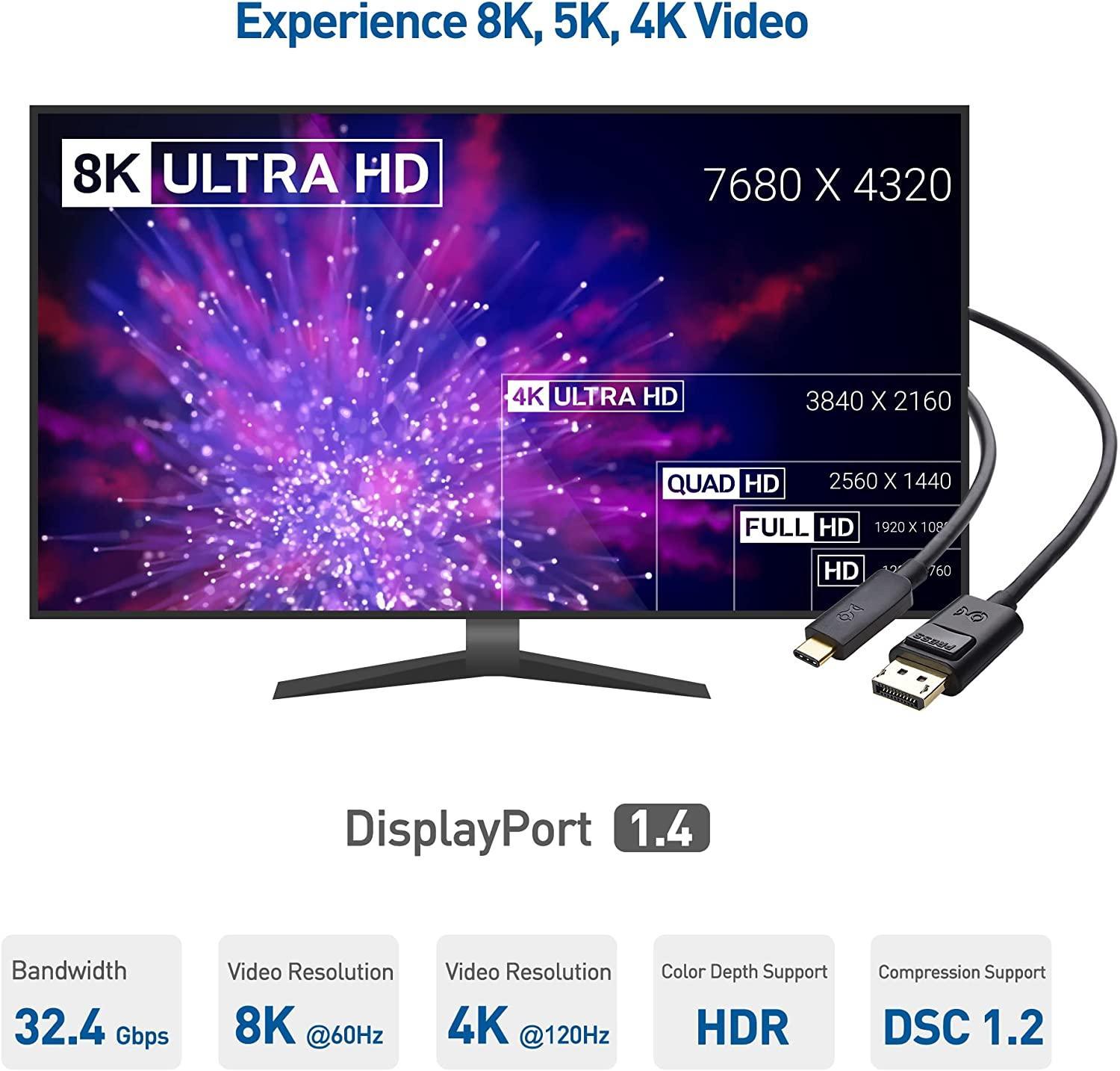 NÖRDIC 1,5 m USBC til DP 1,4 kabel 8K30Hz 4K120Hz 32,4Gbps HBR3 HDR10