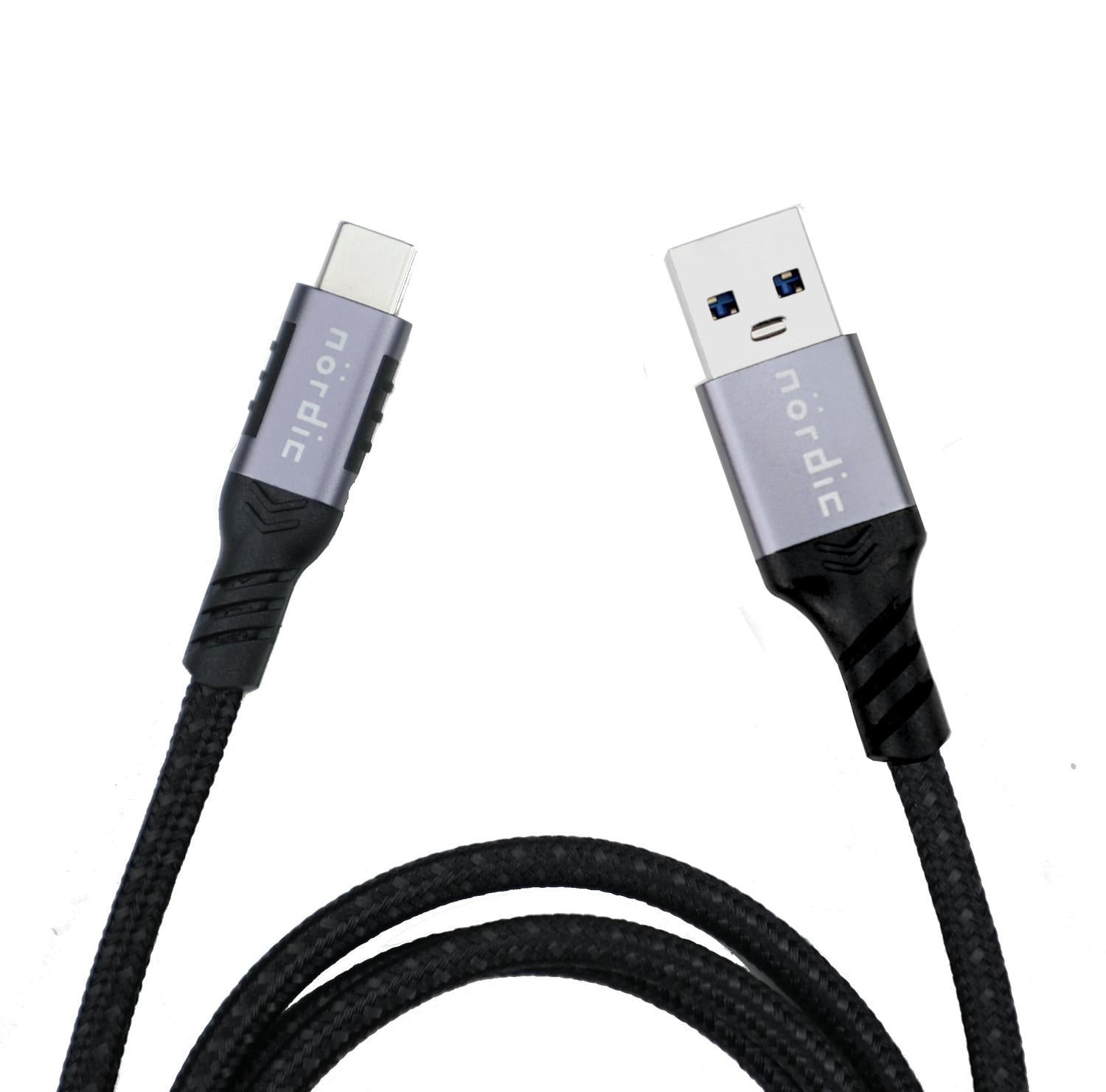 NÖRDIC 1m USB3.2 Gen1 USB-C til A nylonflettet kabel hurtig opladning 3A 5Gbps Strømforsyning PD 60W