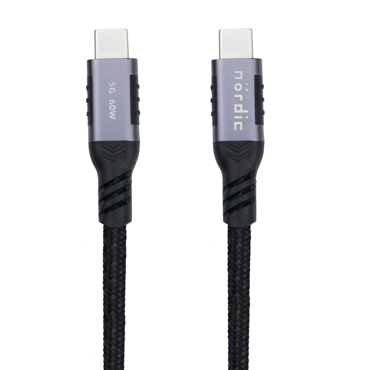 NÖRDIC 1m USB3.2 Gen1 USB-C til C nylonflettet kabel hurtig opladning 3A 5Gbps Strømforsyning PD 60W