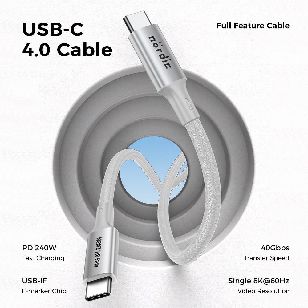 NÖRDIC 1m USB4 USB-C til C nylonflettet kabel PD3.1 med 240W hurtigopladning 40G 8K60Hz 4K120Hz 5K60Hz 2x4K60Hz Emarker