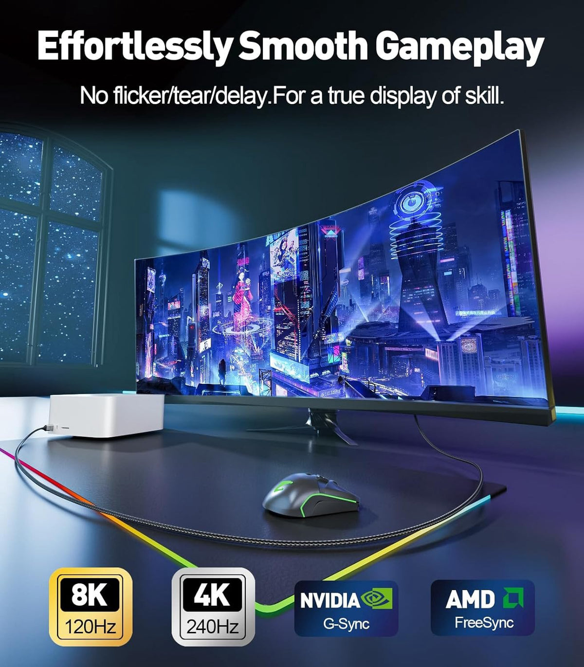 NÖRDIC 1m USB-C til DisplayPort 2.1 kabel 16K60Hz 8K120Hz 2K/4K240Hz 80Gbps Thunderbolt 5/4/3 til DisplayPort 2.1