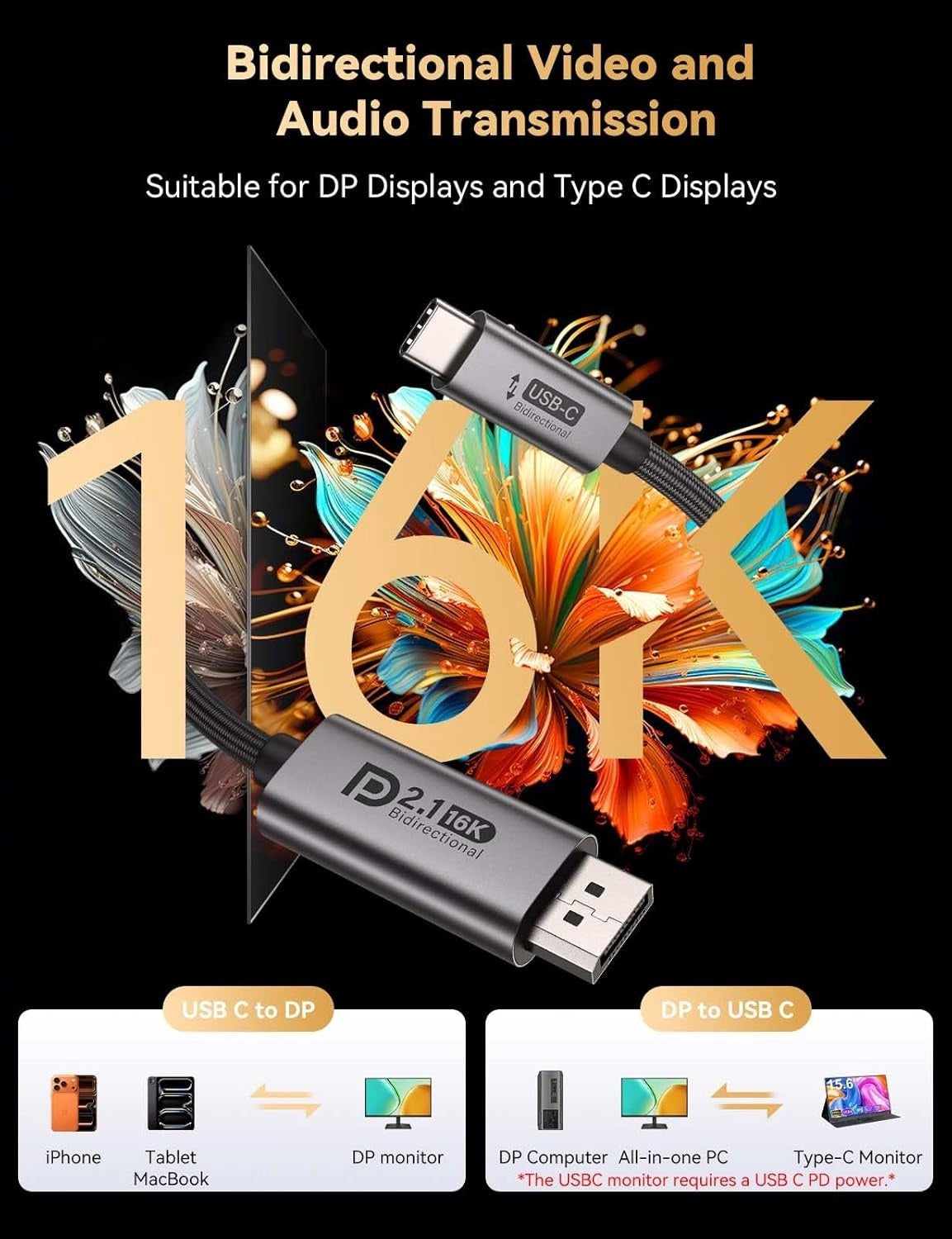 NÖRDIC 1m bidirektionel USB-C til DisplayPort 2.1 kabel 16K60Hz 8K240Hz/120Hz 4K240/165/144/60 HDR HDCP2.3