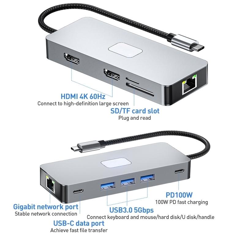 NÖRDIC 1 til 10 USB-C dockingstation 2xHDMI 4K60Hz 3xUSB3.0, 1xUSB-C, 1xRJ45 GigaLan, 1xPD100W, 1xSD & 1xMicroSD