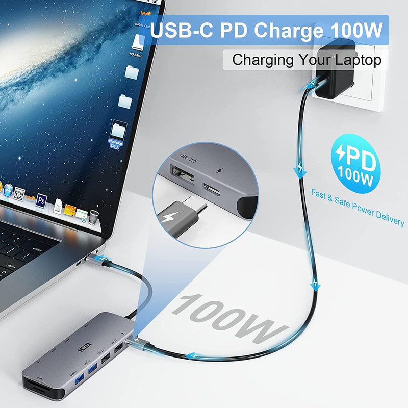 NÖRDIC 1 til 11 USB-C dockingstation til tredobbelte skærme 2xHDMI 4K30Hz, 1xVGA Mac M1 M2 PD 100W Thunderbolt 3 & 4