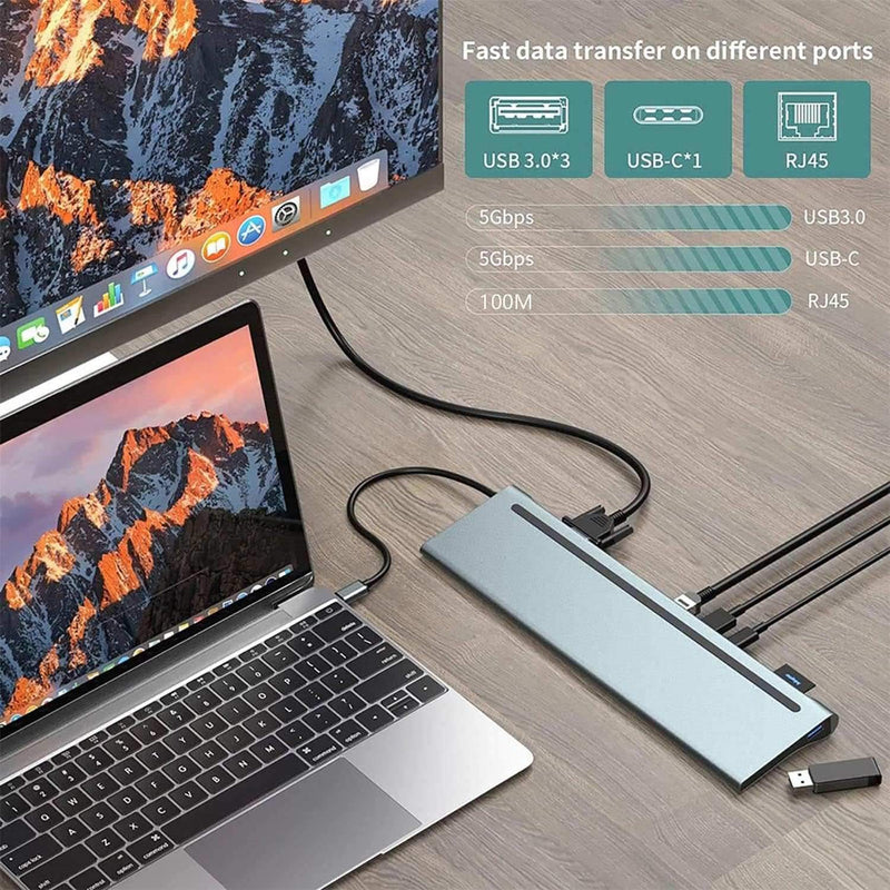 NÖRDIC 1 til 12 USB-C dockingstation til tredobbelte skærme 2xHDMI 4K30Hz, 1xVGA, USB-C PD 100W, Thunderbolt 3 & 4