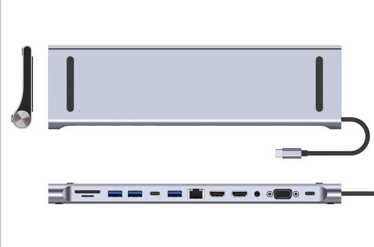 NÖRDIC 1 til 12 USB-C dockingstation til tredobbelte skærme 2xHDMI 4K30Hz, 1xVGA, USB-C PD 100W, Thunderbolt 3 & 4