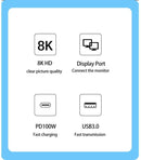 NÖRDIC 1 til 3 dockingstation USBC til 1xDP 8K60Hz 1xUSBC 100W PD og 1xUSB-A 5Gbps