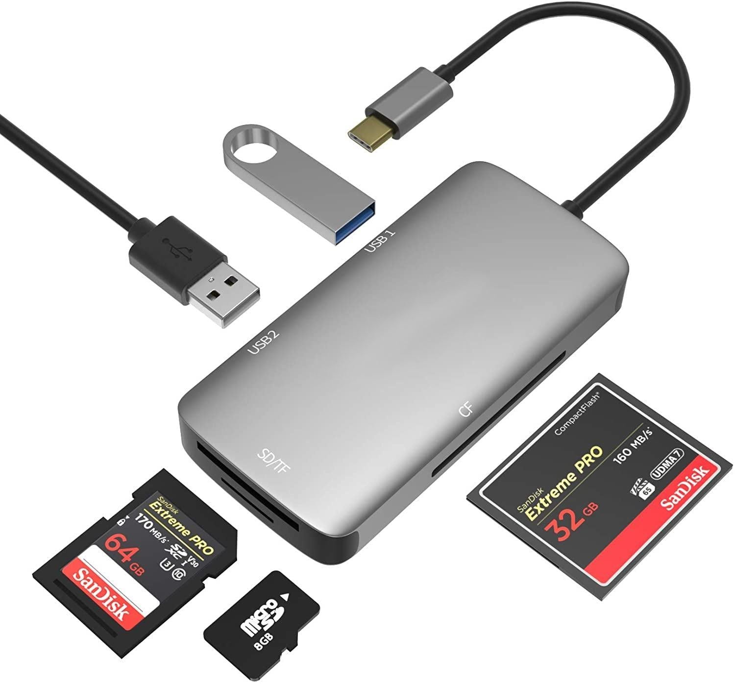 NÖRDIC 1 til 5 USB-C adapter SD / TF og CF kortlæser med 2xUSB3.0 op til 5 Gbps