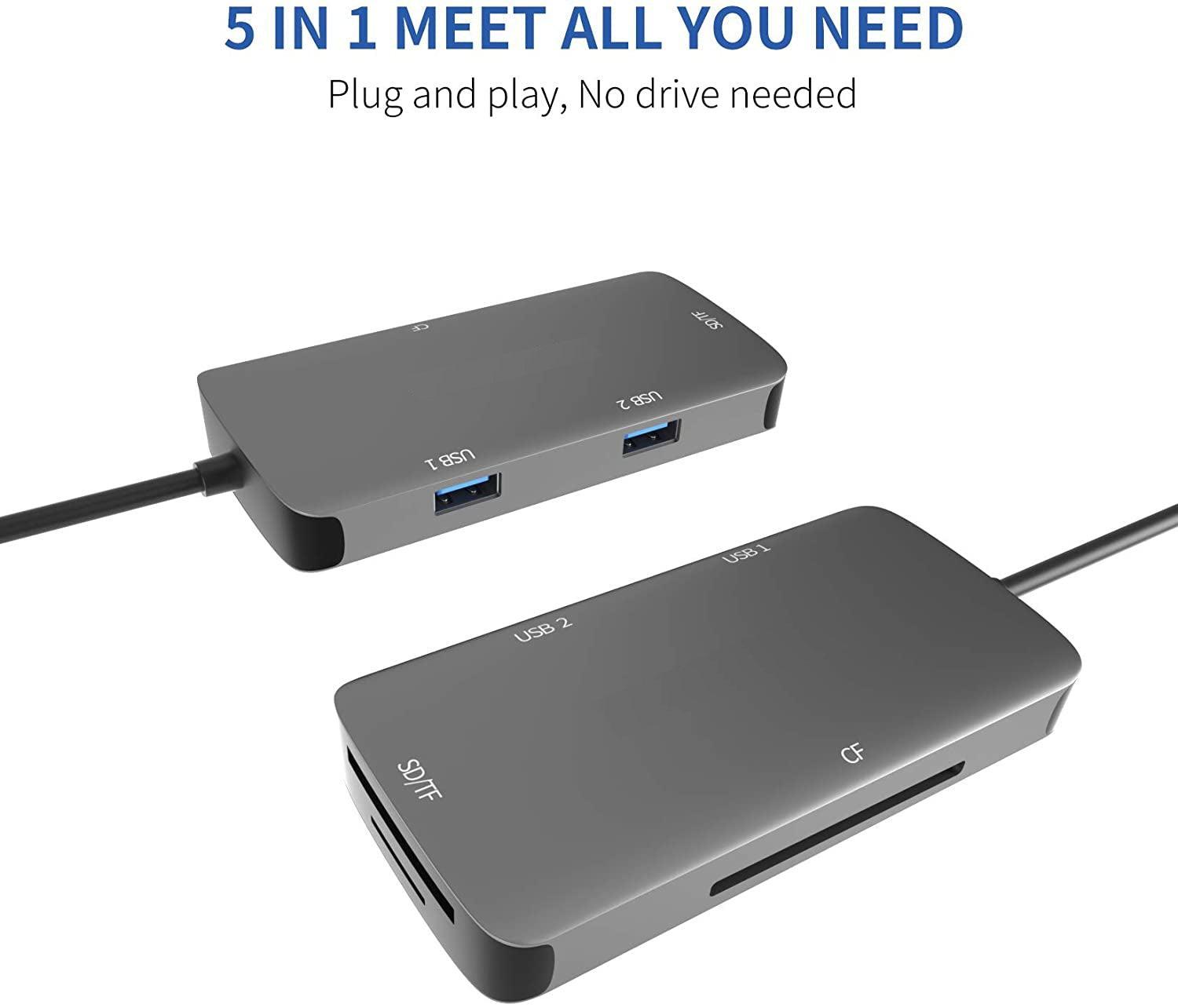 NÖRDIC 1 til 5 USB-C adapter SD / TF og CF kortlæser med 2xUSB3.0 op til 5 Gbps