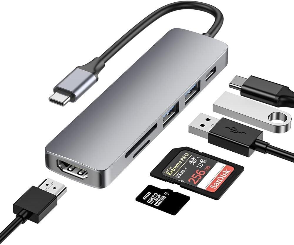 NÖRDIC 1 til 6 USB C aluminium dockingstation 1xHDMI 4K 30Hz  1xUSB-A 3.0 1xUSB-A 2.0 5Gbps 1xUSB C PD87W 1xSD/TF kortlæser