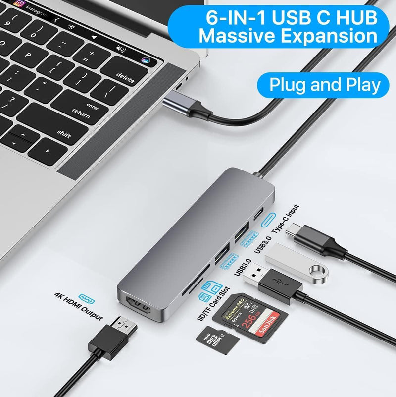 NÖRDIC 1 til 6 USB C aluminium dockingstation 1xHDMI 4K 30Hz 2xUSB-A 3.1 5Gbps 1x USB C PD87W 1xSD/TF kortlæser