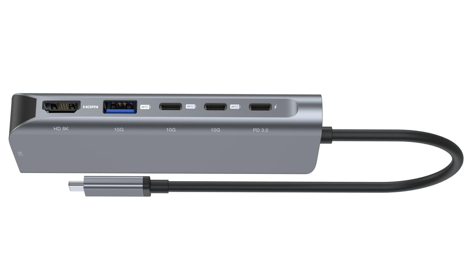 NÖRDIC 1 til 6 USB-C dockningsstation 1xHDMI 8K60Hz 4K120Hz 2xUSB-C 10G 1xUSB-A 10G 1xRJ45 2,5G 100W PD3.0 Macbook M1 M2 Thunderbolt 3 4 USB4