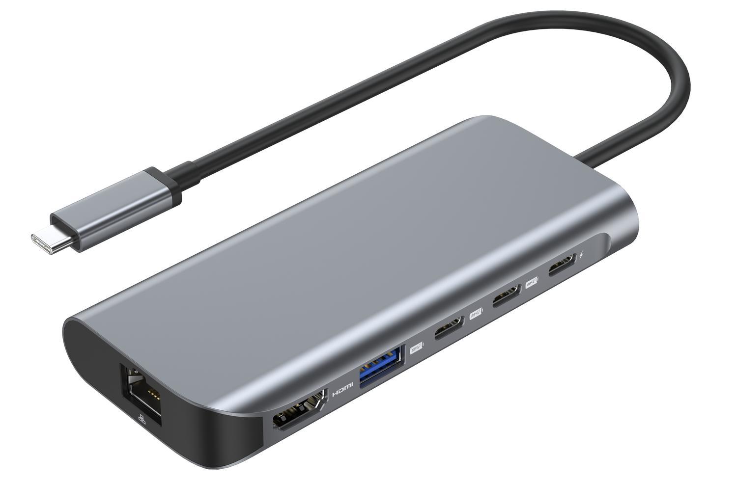 NÖRDIC 1 til 6 USB-C dockningsstation 1xHDMI 8K60Hz 4K120Hz 2xUSB-C 10G 1xUSB-A 10G 1xRJ45 2,5G 100W PD3.0 Macbook M1 M2 Thunderbolt 3 4 USB4
