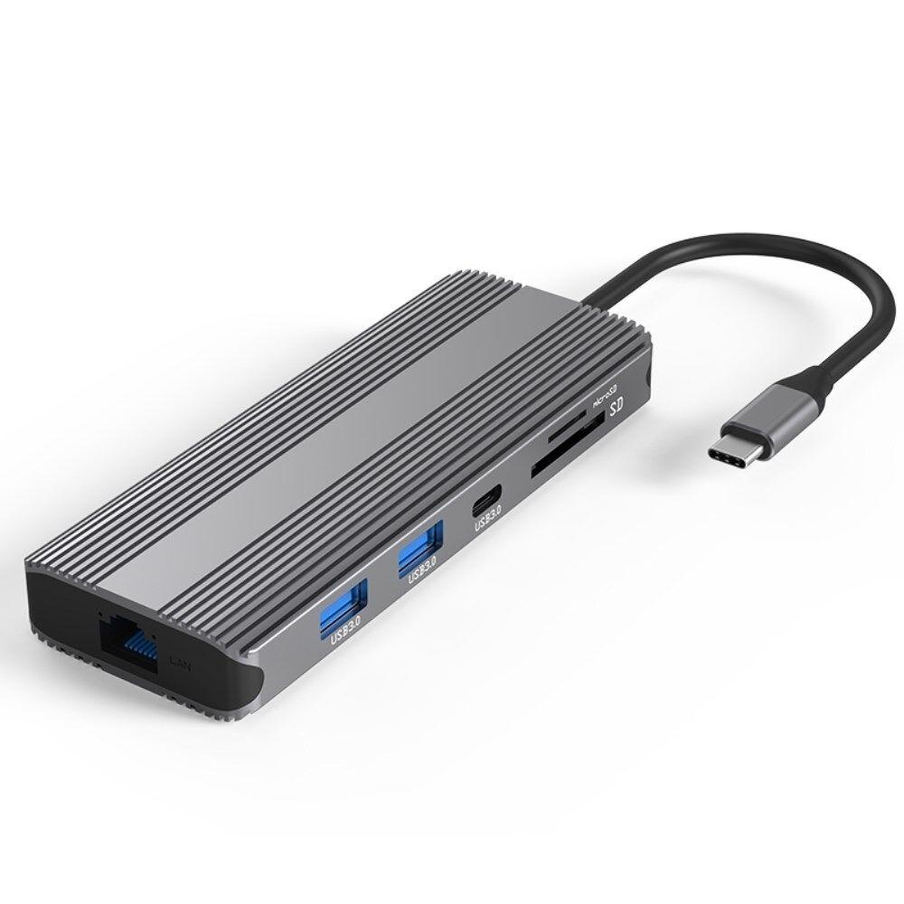 NÖRDIC 1 til 10 USB-C dockingstation 1xHDMI 8K30Hz 1XHDMI 4K60Hz 2xUSB3.0, 1xUSB-C, 1xRJ45 GigaLan, 1xPD 87W, 1xSD & 1xMicroSD 1xAux stereo