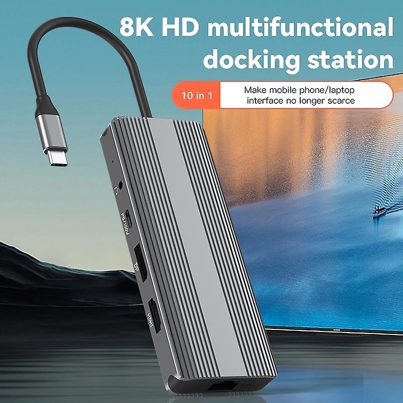 NÖRDIC 1 til 10 USB-C dockingstation 1xHDMI 8K30Hz 1XHDMI 4K60Hz 2xUSB3.0, 1xUSB-C, 1xRJ45 GigaLan, 1xPD 87W, 1xSD & 1xMicroSD 1xAux stereo