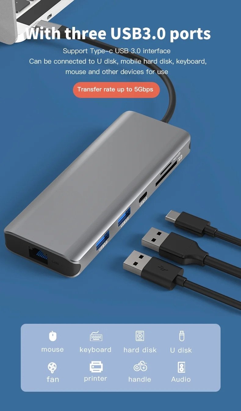 NÖRDIC 1 till 10 USB-C dockningsstation 1xHDMI 8K30Hz 1xDP8K 30Hz  2xUSB3.0, 1xUSB-C, 1xRJ45 GigaLan, 1xPD 87W, 1xSD & 1xMicroSD 1xAux stereo