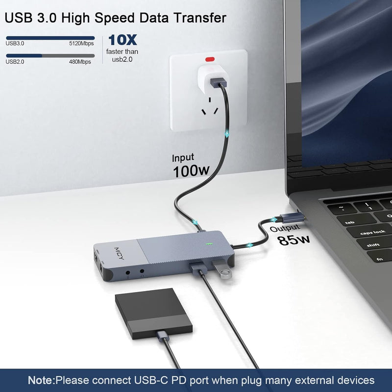 NÖRDIC 1 til 11 USB-C dockingstation til tre skærme 2xHDMI 4K60Hz 1xDP4K60Hz DP87W Thunderbolt 3/4 DisplayLink