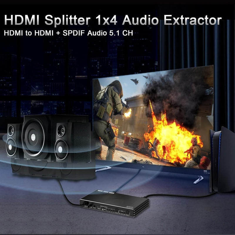 NÖRDIC 1 til 4 HDMI 2.1 Splitter 8K 60Hz 4K120Hz VRR Free-/G-Sync CEC, S/PDIF Extractor