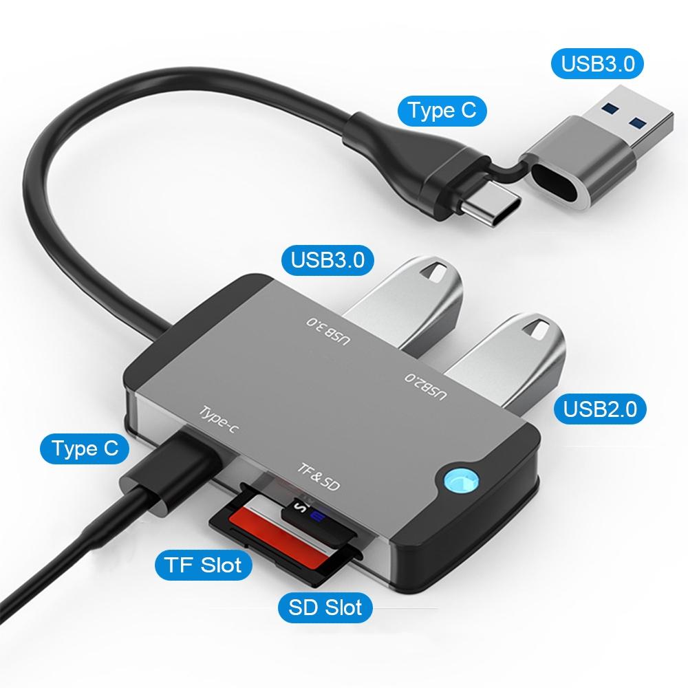 NÖRDIC 1 til 5 USB-dockingstation og kortlæser - SD, MicroSD/TF, 2x USB-A, 1xUSB-C