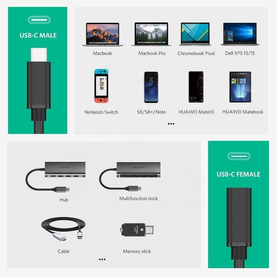 NÖRDIC 20cm USB2.0 USB-C ha til C ho forlængerkabel 2.4A 480Mbps 12W