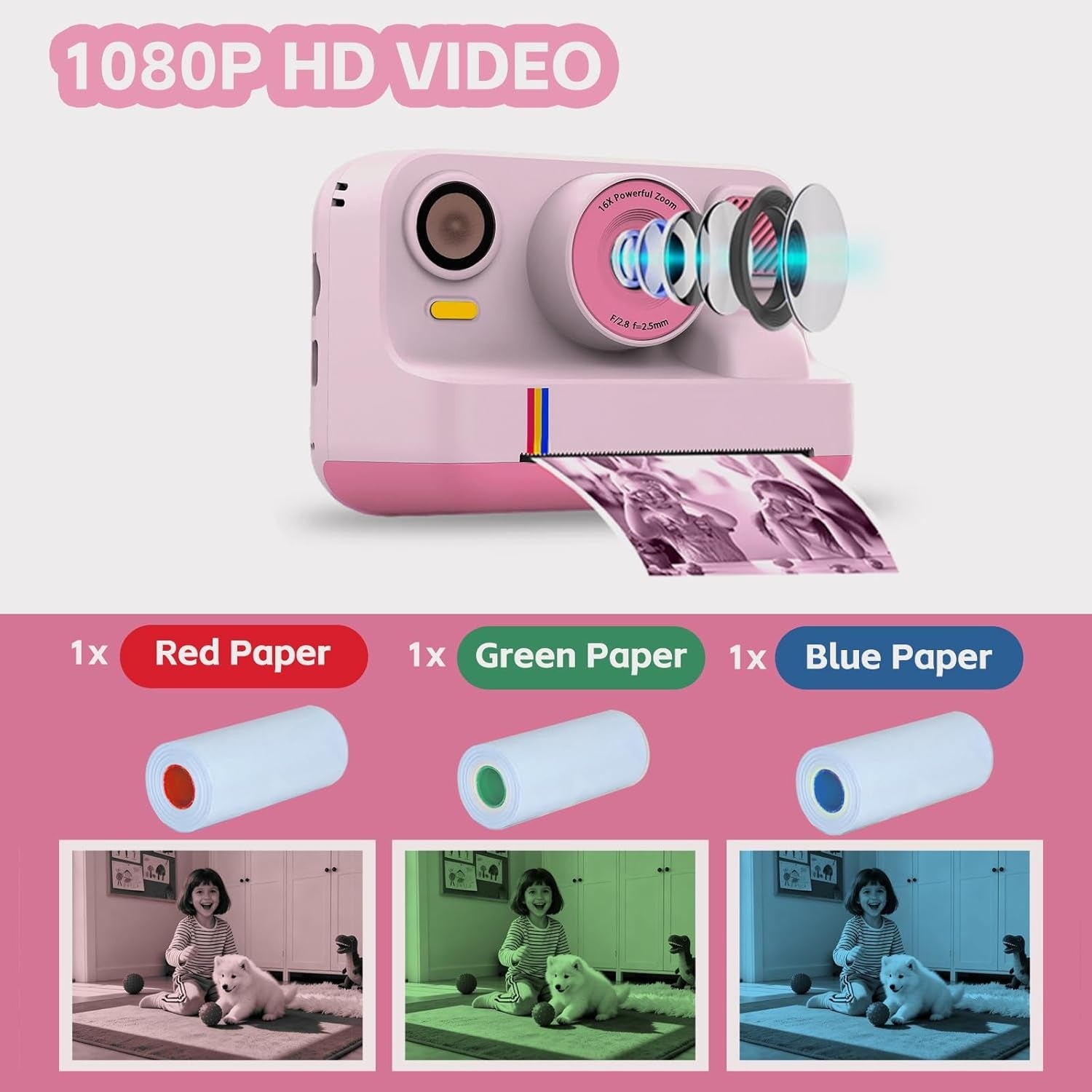 NÖRDIC 2,4" HD Instant-kamera, Mini kamera med fotoudskrivning/videoptagelse, kompatibel app, Lyserød