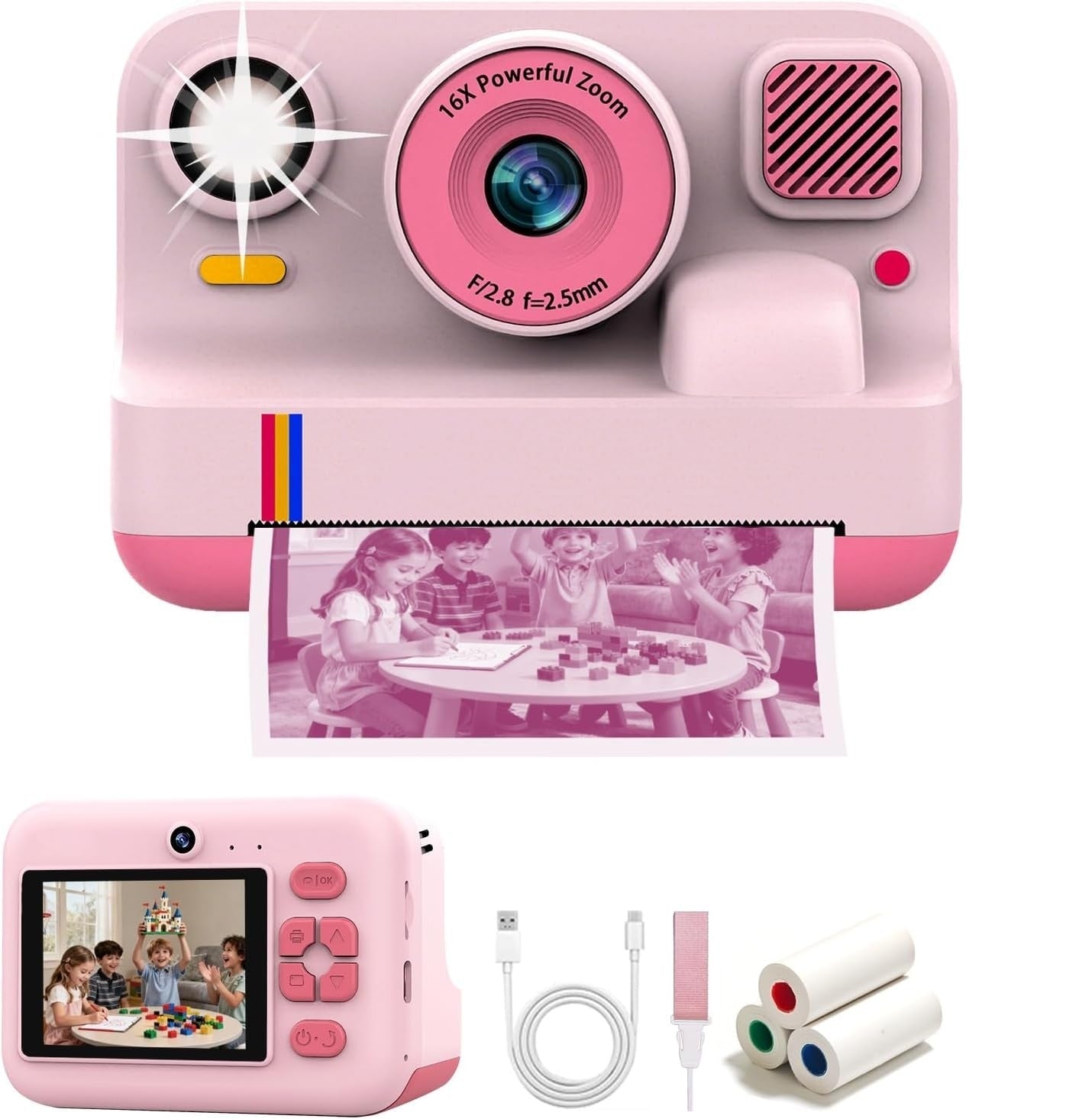 NÖRDIC 2,4" HD Instant-kamera, Mini kamera med fotoudskrivning/videoptagelse, kompatibel app, Lyserød