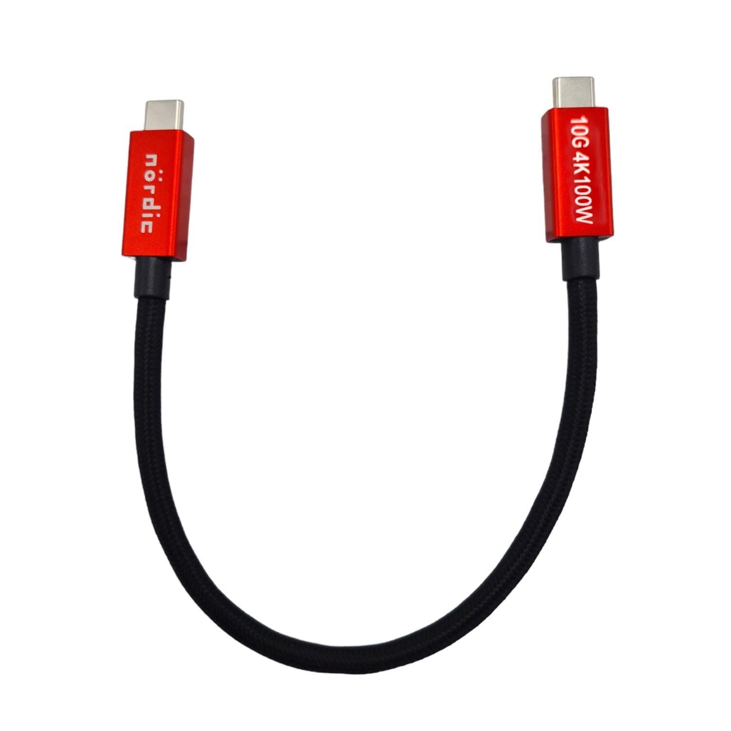 NÖRDIC 25 cm USB3.2 Gen2 SuperSpeed USB 10 Gbps USB-C til C nylon flettet kabel med strømforsyning 100W, 4K60Hz video og Emarker