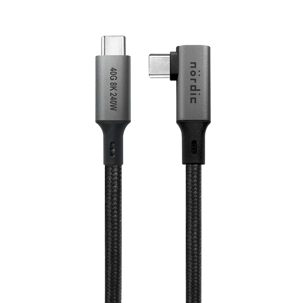 NÖRDIC Vinklet 25 cm USB4 USB-C til C nylonflettet kabel PD3.1 240W 40G 8K60Hz 4K144Hz grå