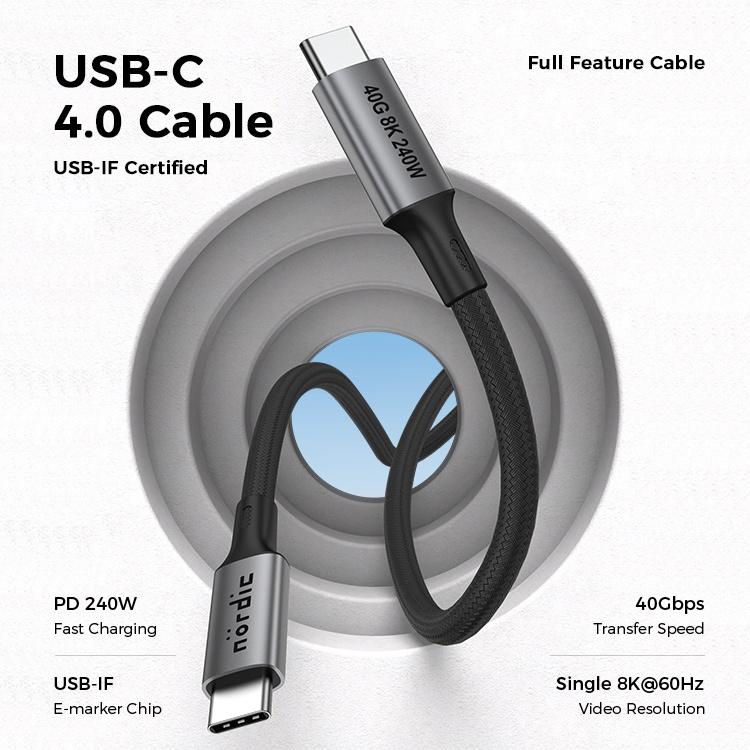 NÖRDIC 25 cm USB4 USB-C til C nylon flettet kabel PD3.1 240W 40G 8K60Hz 4K144Hz grå