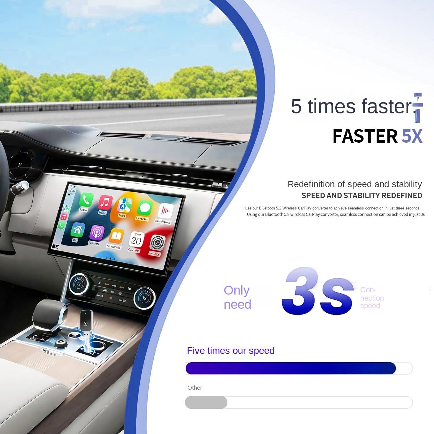 NÖRDIC 2-i-1 trådløs Android CarPlay-dongle, med USB-C-adapter, Plug & Play, WiFi 5,8 GHz, understøtter iOS 10+ og Android 11+