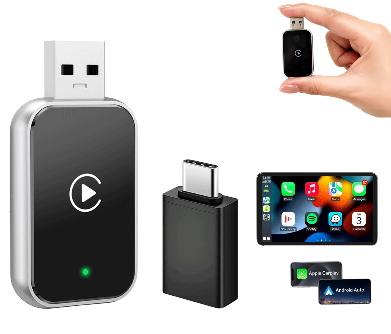 NÖRDIC 2-i-1 trådløs Android CarPlay-dongle, med USB-C-adapter, Plug & Play, WiFi 5,8 GHz, understøtter iOS 10+ og Android 11+