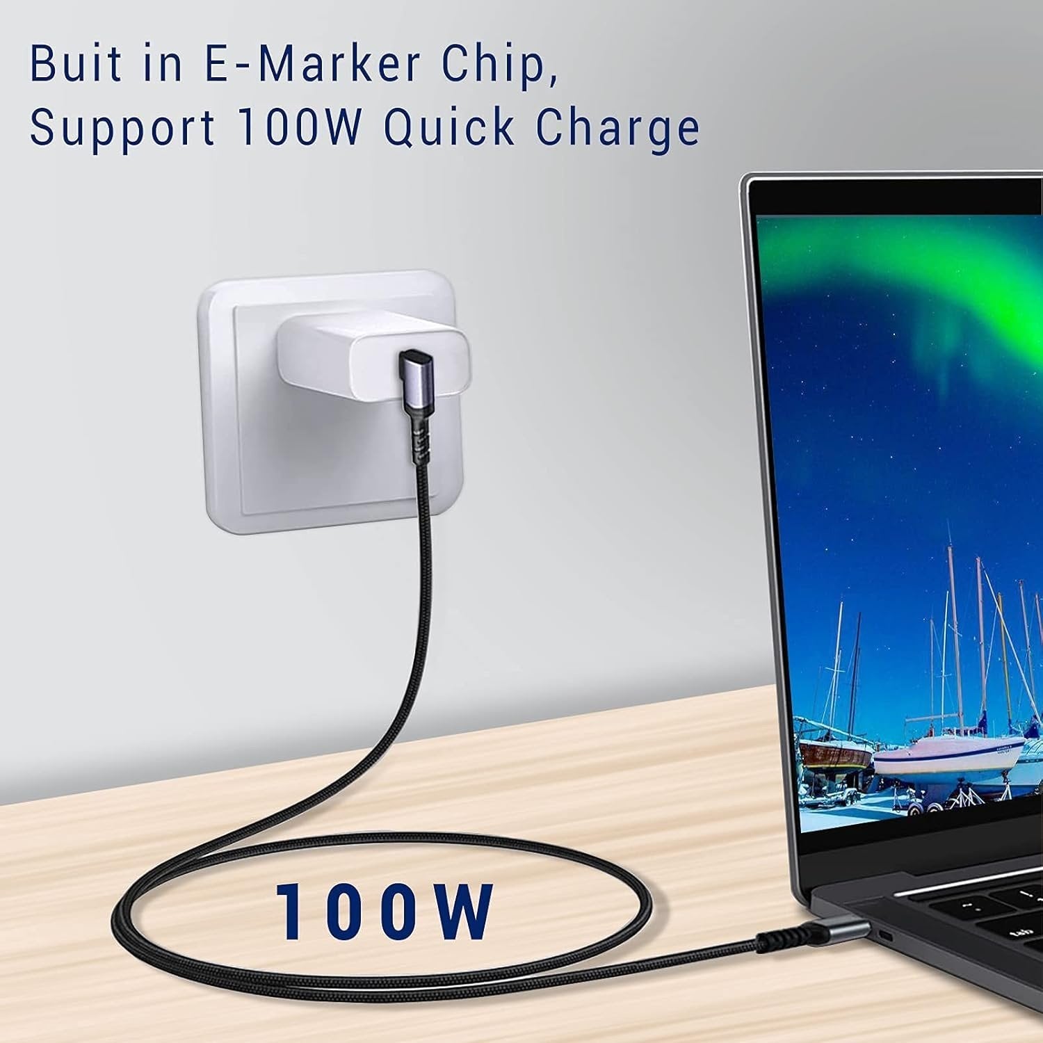 NÖRDIC 1,5m 10Gbps 5A strømforsyning PD100W med Emarker USB3.2 Gen2 USB-C til C kabel hurtig opladning