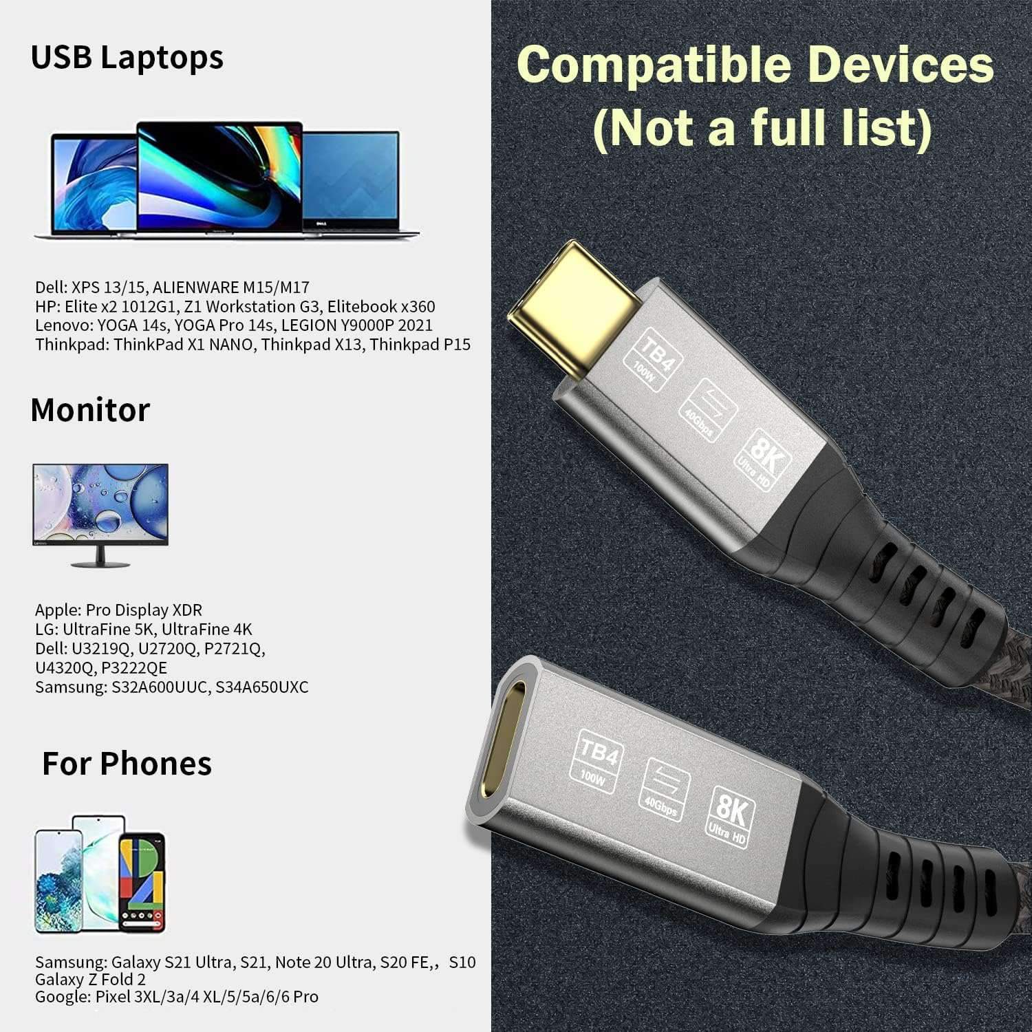 NÖRDIC 2m Thunderbolt 4 forlængerkabel, USB-C han til hun, 100W hurtigopladning, 40Gbps, 8K 60Hz