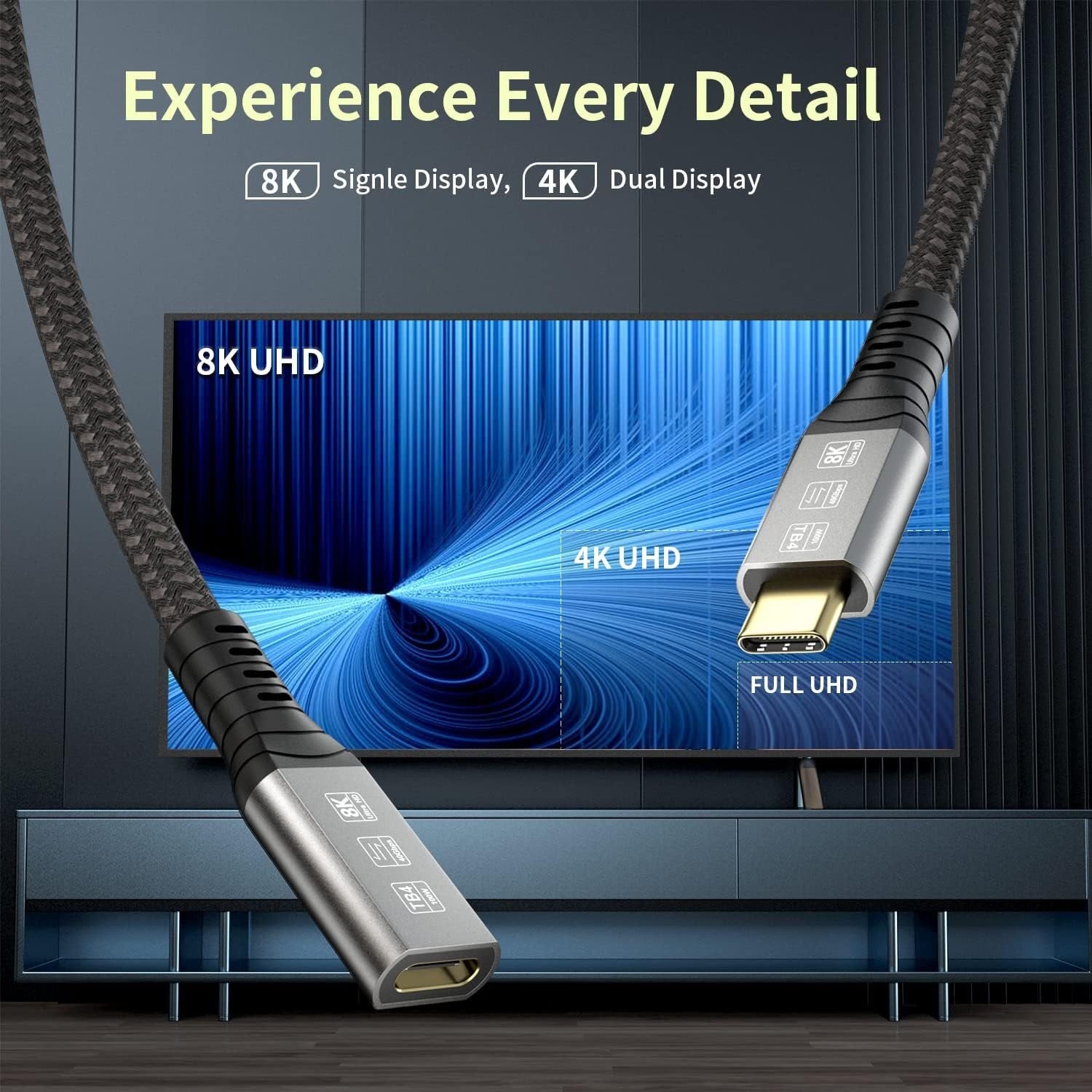 NÖRDIC 2m Thunderbolt 4 forlængerkabel, USB-C han til hun, 100W hurtigopladning, 40Gbps, 8K 60Hz