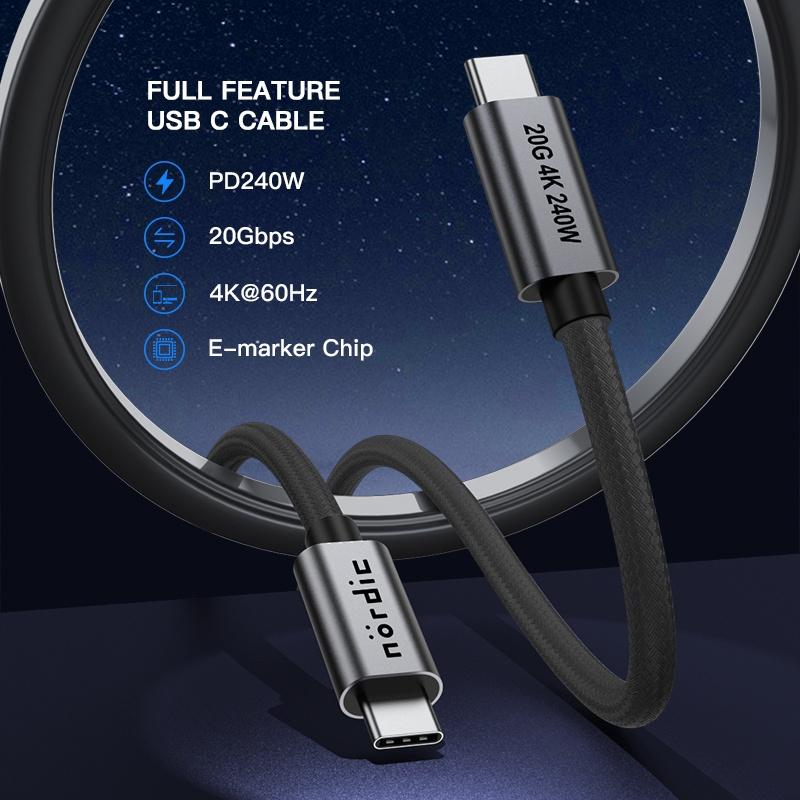 NÖRDIC 2m USB 3.2 Gen 2 USB-C til C nylon flettet kabel PD3.1 240W 20G 4K60Hz grå