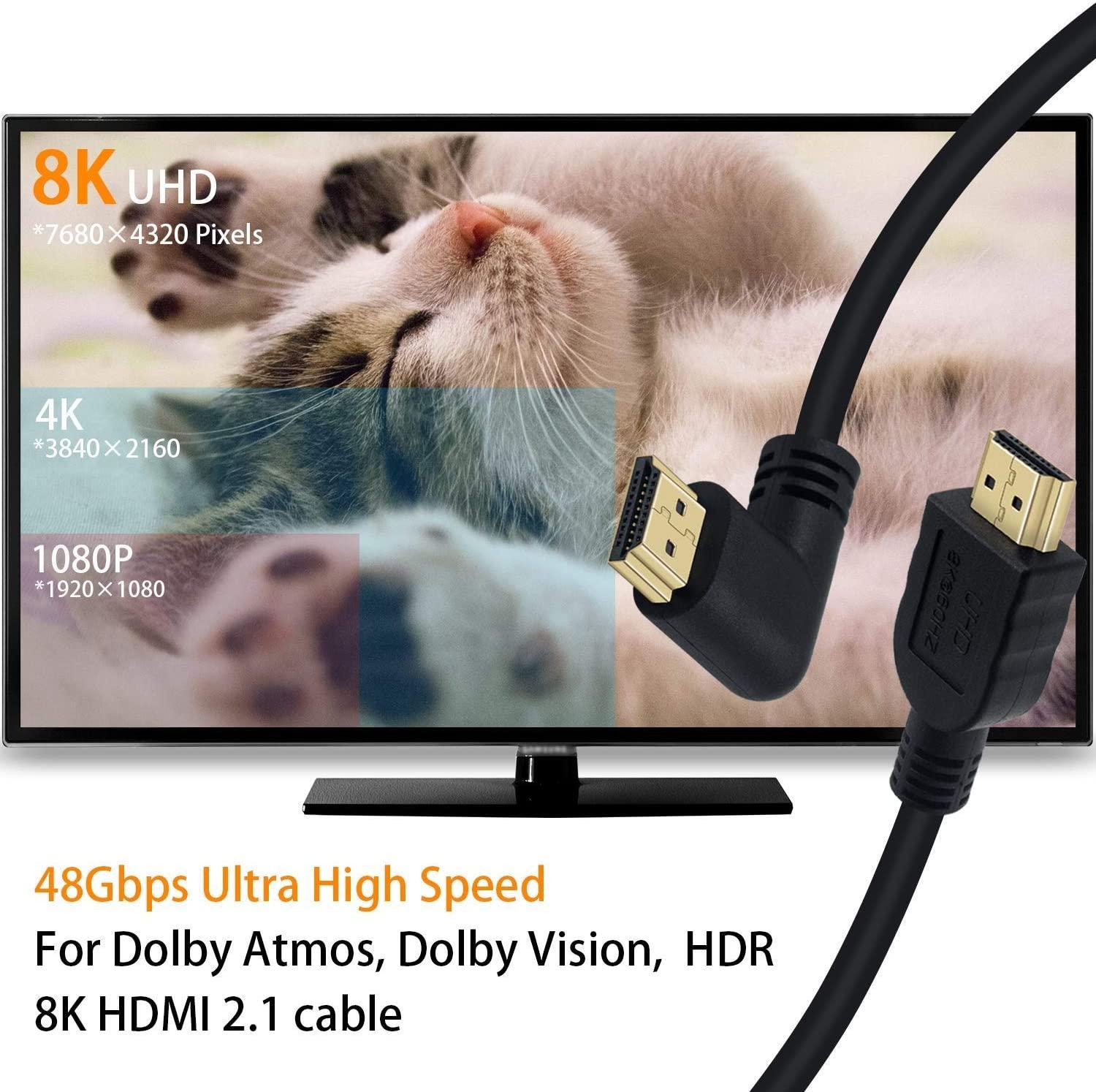 NÖRDIC 2m vinklet HDMI 2.1 UHD 8K 60Hz 4K 120Hz 48Gbps Dynamic HDR eARC Game Mode VRR Dolby ATMOS guldbelagt