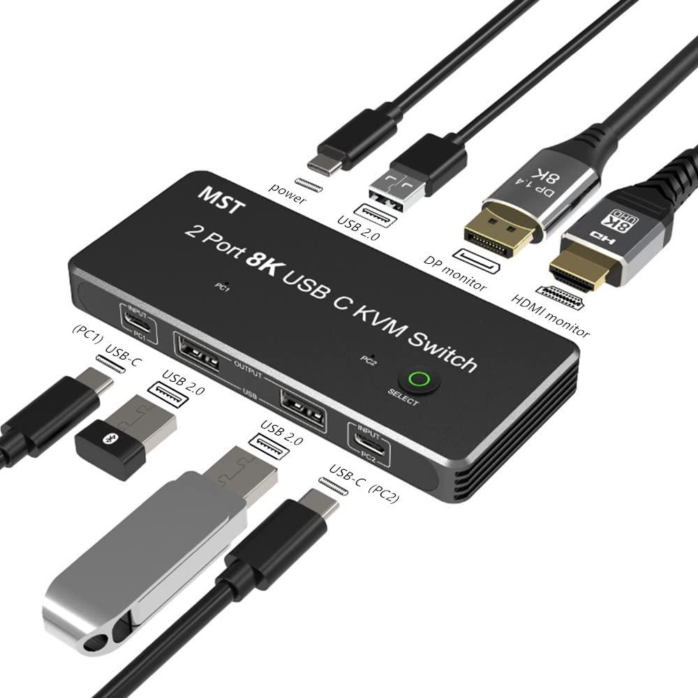 NÖRDIC 2 til 2 KVM-switch USB-C og displayport 1xDP och 1xHDMI 8K 60Hz 3xUSB-A