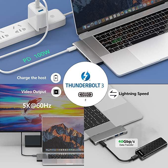 NÖRDIC 2 til 7 USB-C dobbeltskærms dockingstation til MacBook Pro og Air 1xHDMI 4K30Hz 1xThunderbolt 3xUSB-C 5K60Hz 40G 1xUSB-C 100W PD