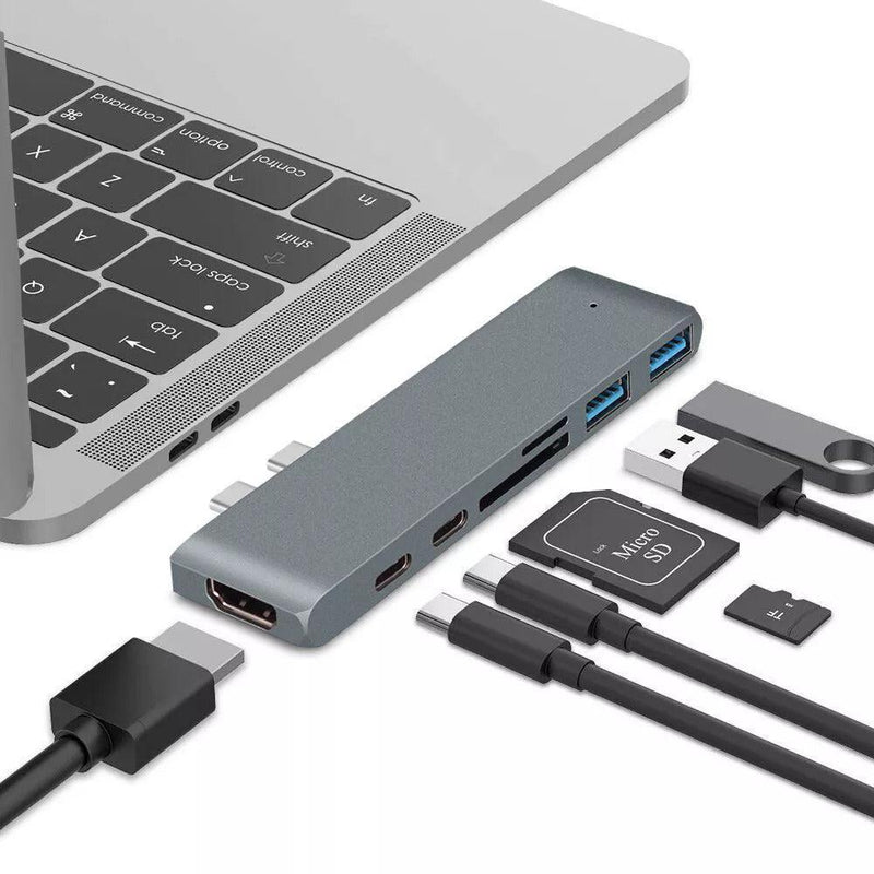 NÖRDIC 2 til 7 USB-C dobbeltskærms dockingstation til MacBook Pro og Air 1xHDMI 4K30Hz 1xThunderbolt 3xUSB-C 5K60Hz 40G 1xUSB-C 100W PD